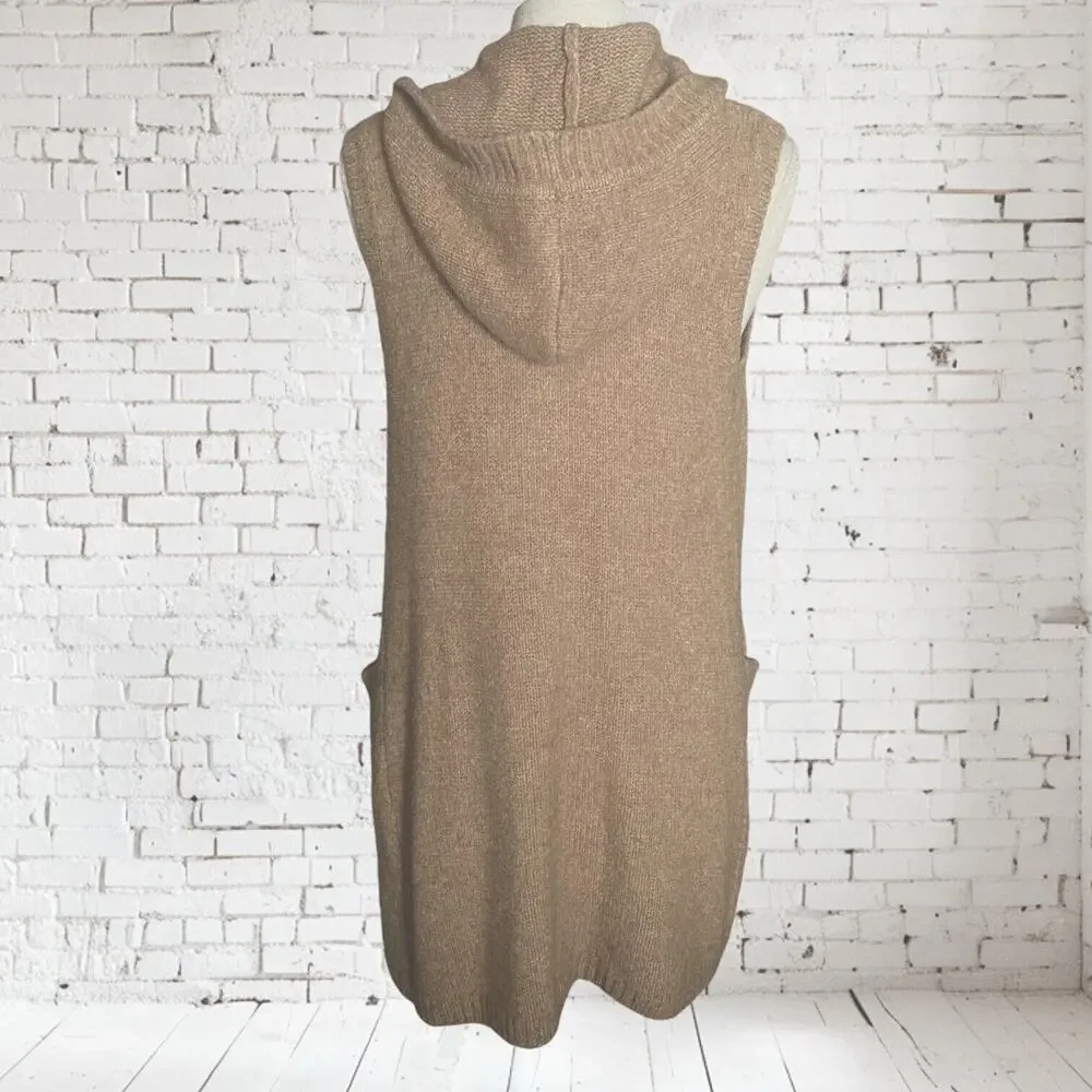 Tahari Cardigan Sweater Hoodie Vest Size M Womens Camel Tan Wool Blend Pockets‎